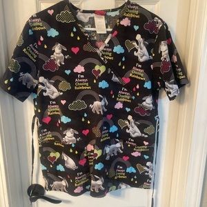 Disney Winnie the pooh eeyore Scrub Top size small , chasing rainbows